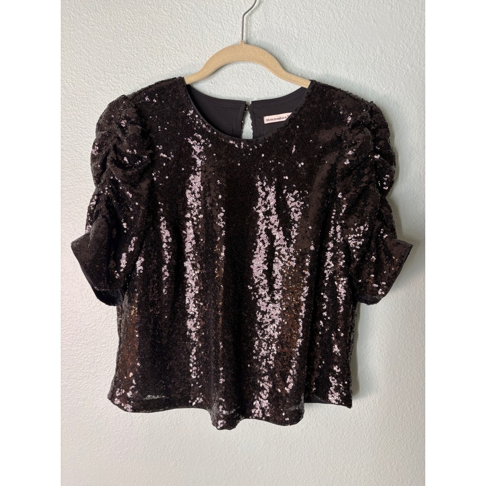 Abercrombie & Fitch Sequin Puff Sleeve Top Brown Keyhole Back Blouse M NWOT